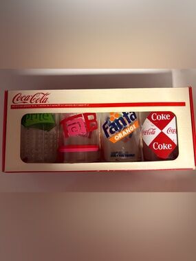 Coca-Cola Vintage Multi Branded Can Shaped Glasses Set of 4 Tab, Sprite, Fanta